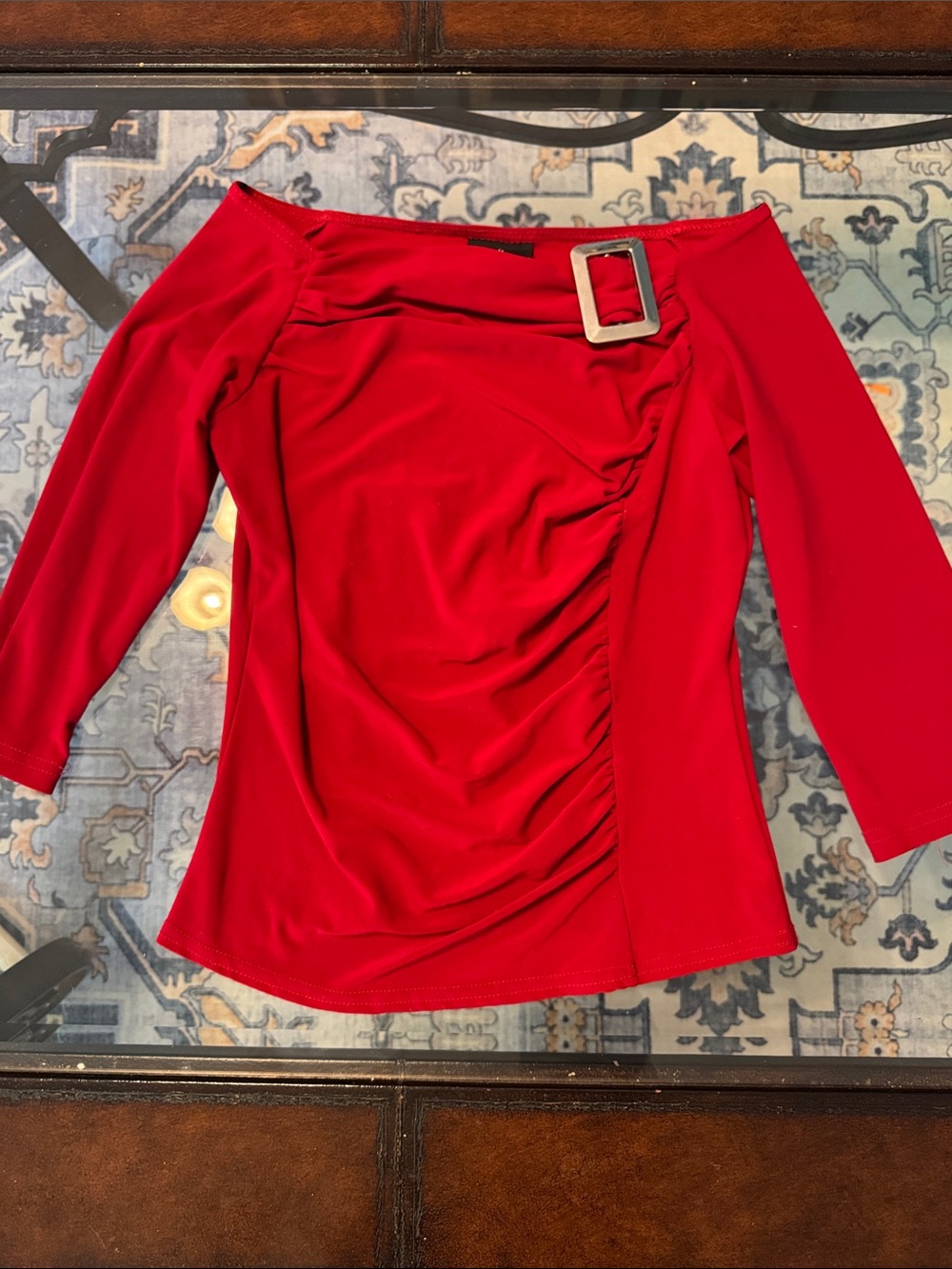 Vintage Anxiety Cafe Off-Shoulder Red Ruched Top with Decorative Buckle